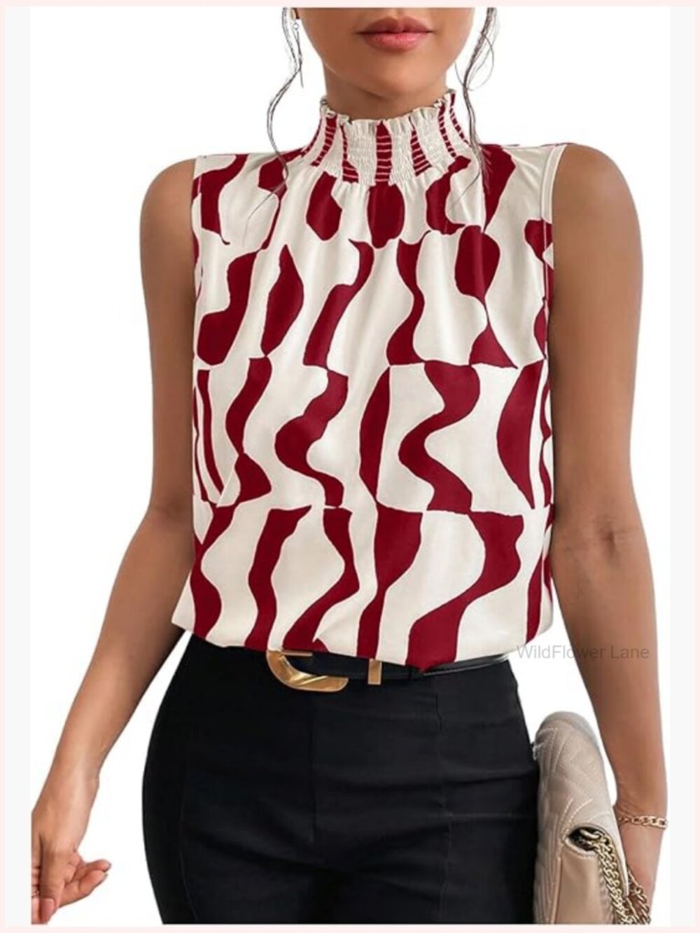 Geo Print Sleeveless Vest Frill Trim Mock Neck Blouse Top